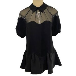 Opening Ceremony black sheer collar neckline puff  sleeve peplum silk blouse 0